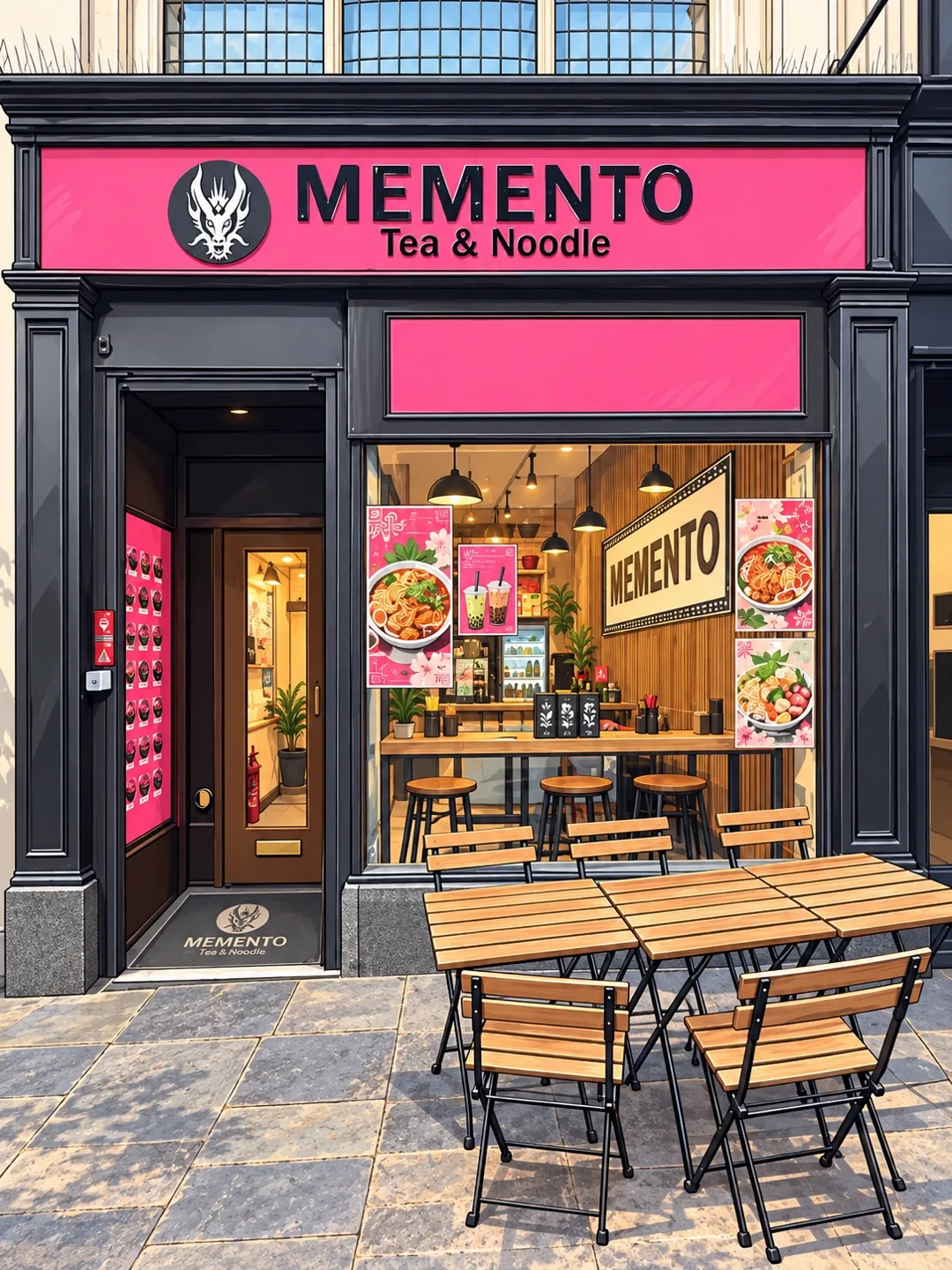 Cartoon illustration of Memento’s pink storefront at Thornton’s Arcade